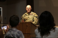 Master Sgt. Francis Sarnecki addresses family, friends, and fellow Soldiers during his retirement ceremony at the Illinois State Military Museum in Springfield, June 6.