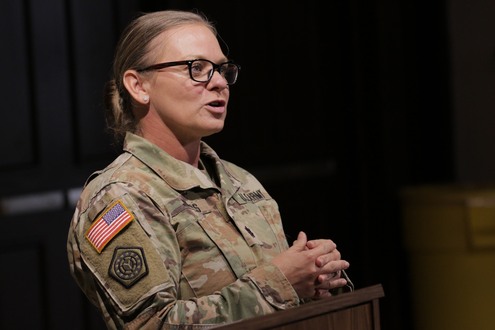 Lt. Col. Allison Jacobs, commander of the 634th Brigade Support Battalion, delivers remarks during the retirement ceremony of Master Sgt. Francis Sarnecki