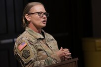 Lt. Col. Allison Jacobs, commander of the 634th Brigade Support Battalion, delivers remarks during the retirement ceremony of Master Sgt. Francis Sarnecki