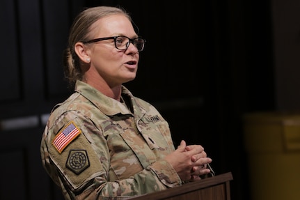 Lt. Col. Allison Jacobs, commander of the 634th Brigade Support Battalion, delivers remarks during the retirement ceremony of Master Sgt. Francis Sarnecki