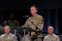 Lt. Col. Daniel Johnson, commander of the 232nd Combat Sustainment Support Battalion, speaks during the unit’s mobilization ceremony June 7