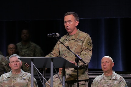 Lt. Col. Daniel Johnson, commander of the 232nd Combat Sustainment Support Battalion, speaks during the unit’s mobilization ceremony June 7