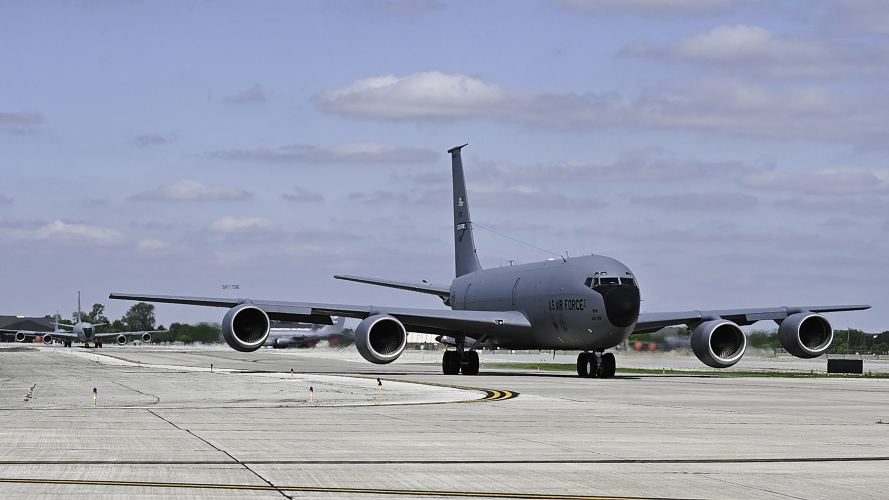 Four KC-135 Stratotanker Aircraft assigned to the 434th Air Refueling Wing taxi towards the runway