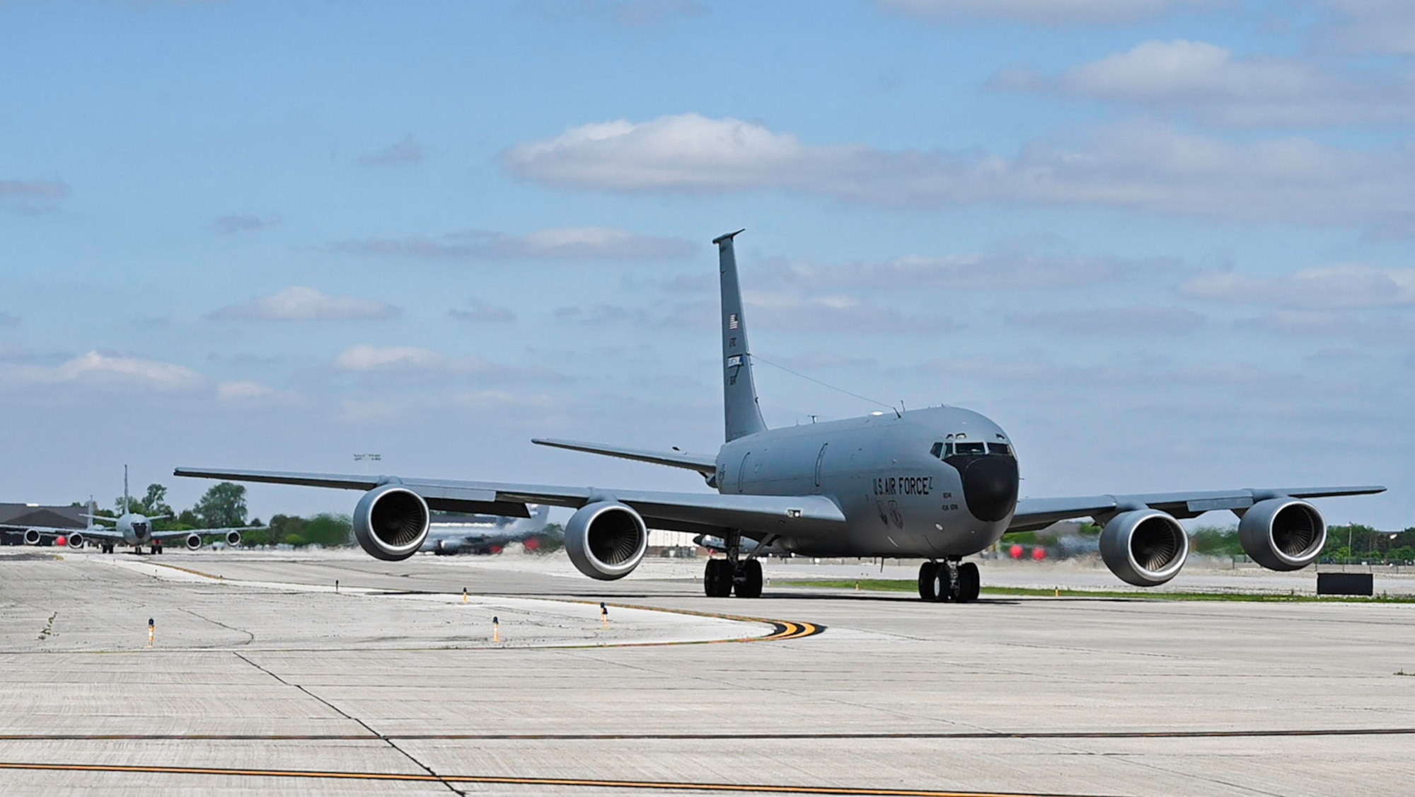 Four KC-135 Stratotanker Aircraft assigned to the 434th Air Refueling Wing taxi towards the runway