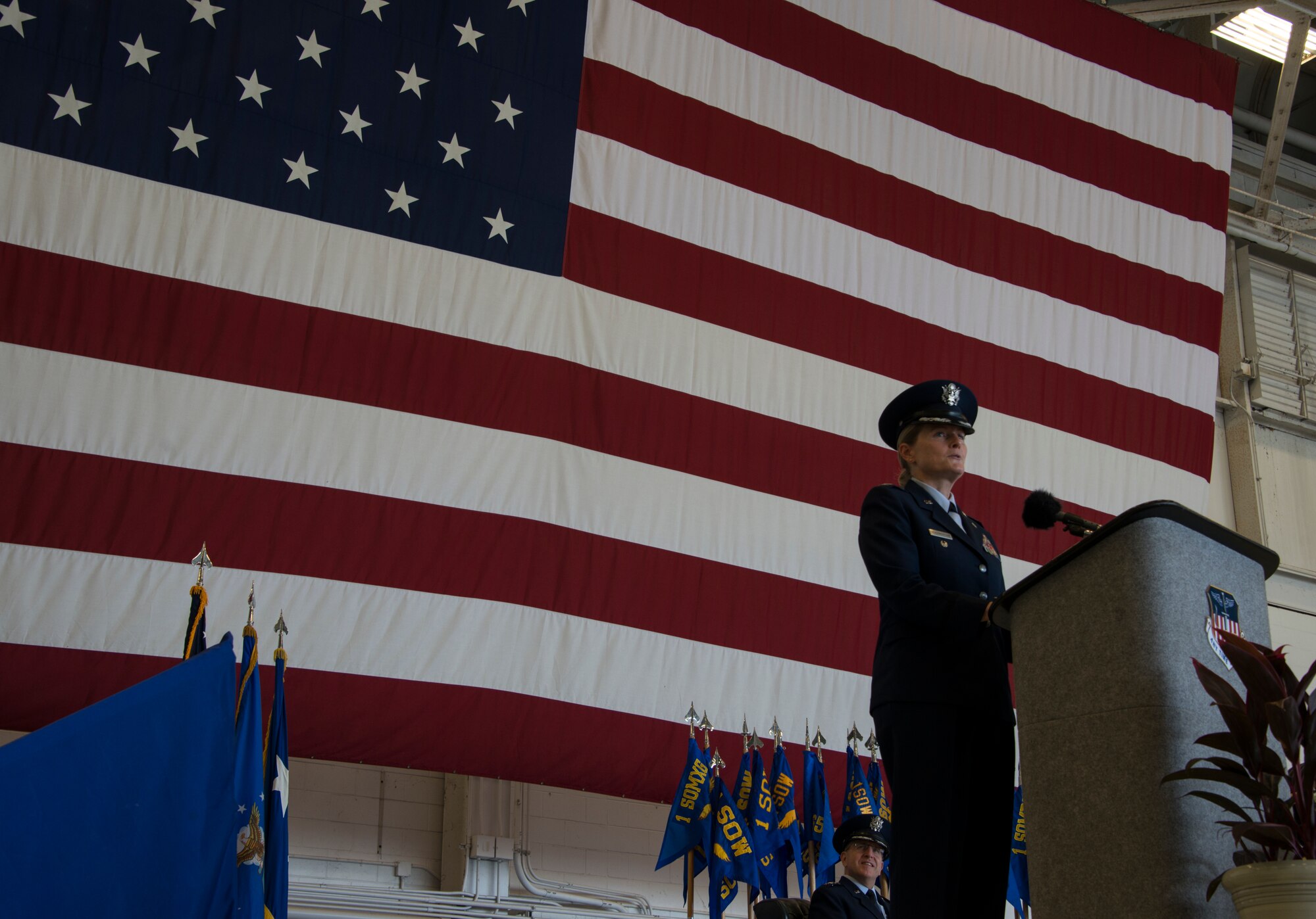 U.S. Air Force Col. Jocelyn Schermerhorn, 1st Special Operations Wing commander, speaks during a change of command ceremony at Hurlburt Field, Florida, June 8, 2020.