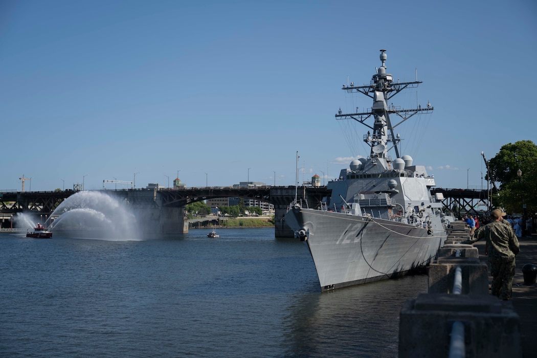 PORTLAND, OREGON (June 3, 2025) – The Arleigh Burke-class guided missile destroyer USS Jack H. Lucas (DDG 125) arrives for Portland Fleet Week during the 118th Rose Festival, June 3, 2025. Portland Fleet Week is a time-honored celebration of the sea services and provides an opportunity for the citizens of Oregon to meet Sailors, Marines and Coast Guardsmen, as well as witness firsthand the latest capabilities of today’s maritime services. (U.S. Navy Photo by Mass Communication Specialist Seaman Jordan Steis)