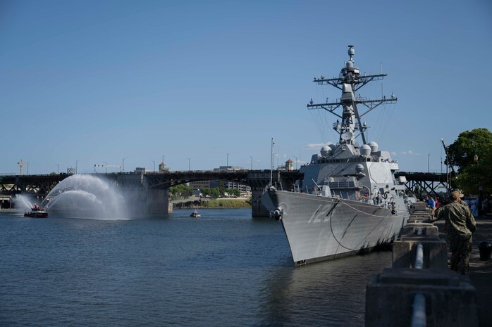 PORTLAND, OREGON (June 3, 2025) – The Arleigh Burke-class guided missile destroyer USS Jack H. Lucas (DDG 125) arrives for Portland Fleet Week during the 118th Rose Festival, June 3, 2025. Portland Fleet Week is a time-honored celebration of the sea services and provides an opportunity for the citizens of Oregon to meet Sailors, Marines and Coast Guardsmen, as well as witness firsthand the latest capabilities of today’s maritime services. (U.S. Navy Photo by Mass Communication Specialist Seaman Jordan Steis)