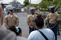 PORTLAND, OREGON (June 5, 2025) – U.S. Marines speak to guests during a ship tour aboard the Arleigh Burke-class guided missile destroyer USS Jack H. Lucas (DDG 125) during Portland Fleet Week as part of the 118th Rose Festival, June 5, 2025. Portland Fleet Week is a time-honored celebration of the sea services and provides an opportunity for the citizens of Oregon to meet Sailors, Marines and Coast Guardsmen, as well as witness firsthand the latest capabilities of today’s maritime services. (U.S. Navy Photo by Mass Communication Specialist Seaman Jordan Steis)