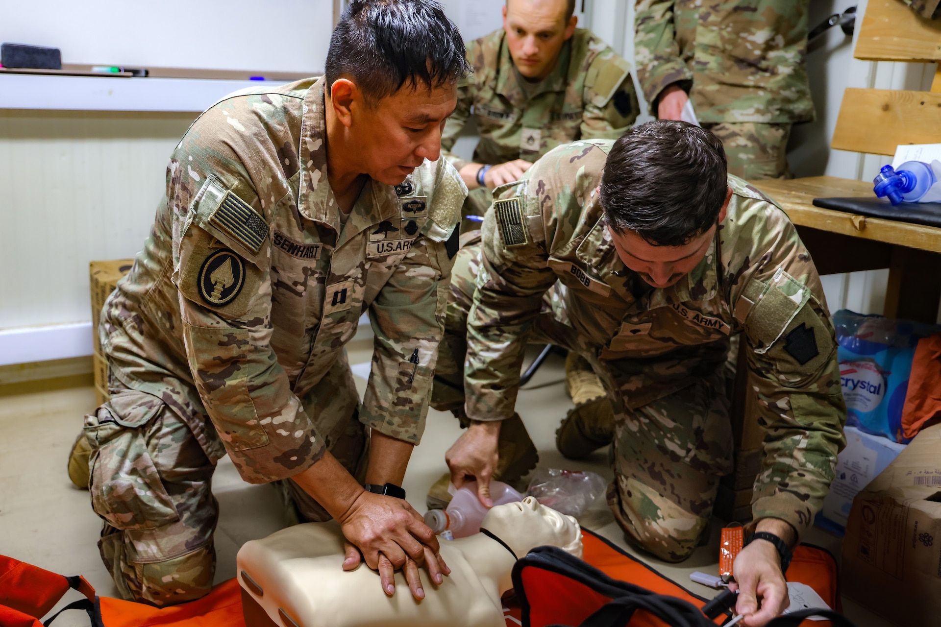 U.S. Army Capt. William Eisenhart, left, physician assistant with 1st Battalion, 111th Infantry Regiment, 56th Stryker Brigade Combat Team, has served in multiple medical roles in the military and as a civilian. (U.S. Army photo by Spc. Mitchell Munn)
