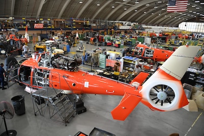 Multiple Coast Guard MH-65 Dolphin helicopters are worked on daily at the Coast Guard Aviation Logistics Center (ALC) located on Coast Guard Base Elizabeth City in Elizabeth City, North Carolina, Sep. 20, 2023. The maintenance completed here consists of a complete tear down, inspection, and repair of all 204 U.S. Coast Guard aircraft on a four year recurring schedule. (U.S. Coast Guard Photo by Petty Officer 2nd Class Ryan L. Noel)