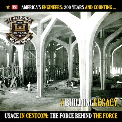 U.S. Army Corps of Engineers BUILDING LEGACY graphic utilizing historical photo from Bricks, Sand, Marble publication showing the interior of Dhahran Civil Air Terminal while under construction. (Graphic by Catherine Carroll, USACE public affairs.)