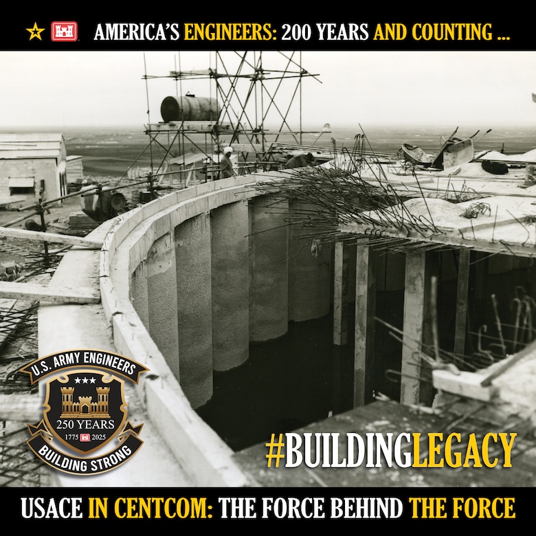 U.S. Army Corps of Engineers BUILDING LEGACY graphic utilizing historical photo from Bricks, Sand, Marble publication showing the water reservoir under construction at the Nouasser airfield, Dec. 16, 1953. (Graphic by Catherine Carroll, USACE public affairs.)