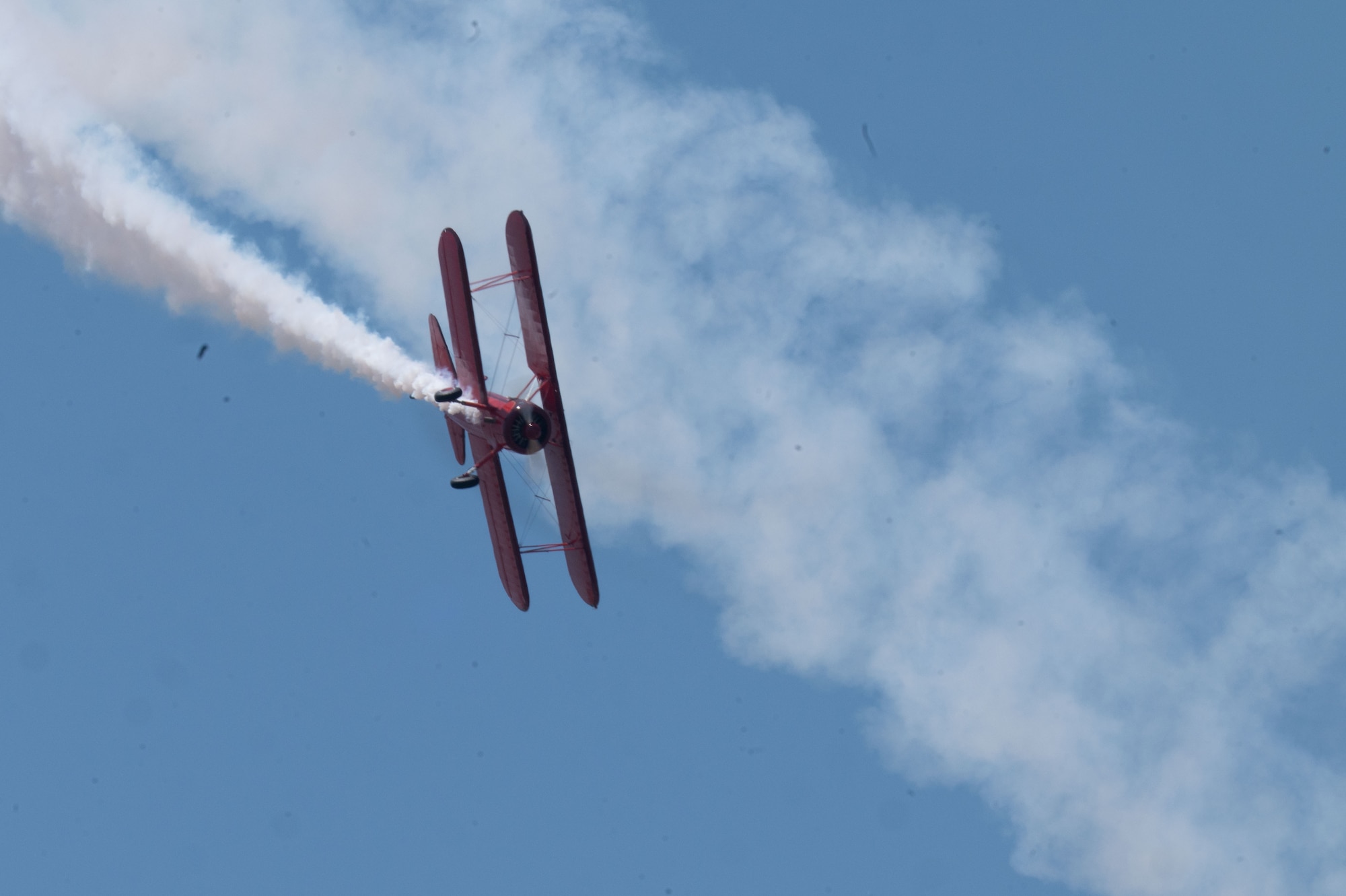 Vickey Benzing in her 1940 Boeing Stearman biplane performs aerobatics during the Beale Air & Space Expo at Beale Air Force Base, California, June 7, 2025.