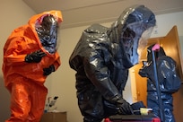 The 33rd Weapons of Mass Destruction Civil Support Team Survey Section identify and catalog contaminants during a full-scale chemical, biological, radiological, nuclear and explosive exercise at Joint Base Andrews, Md., May 21, 2025. The unit conducts at least eight collective training lanes per fiscal year to sustain operational readiness.