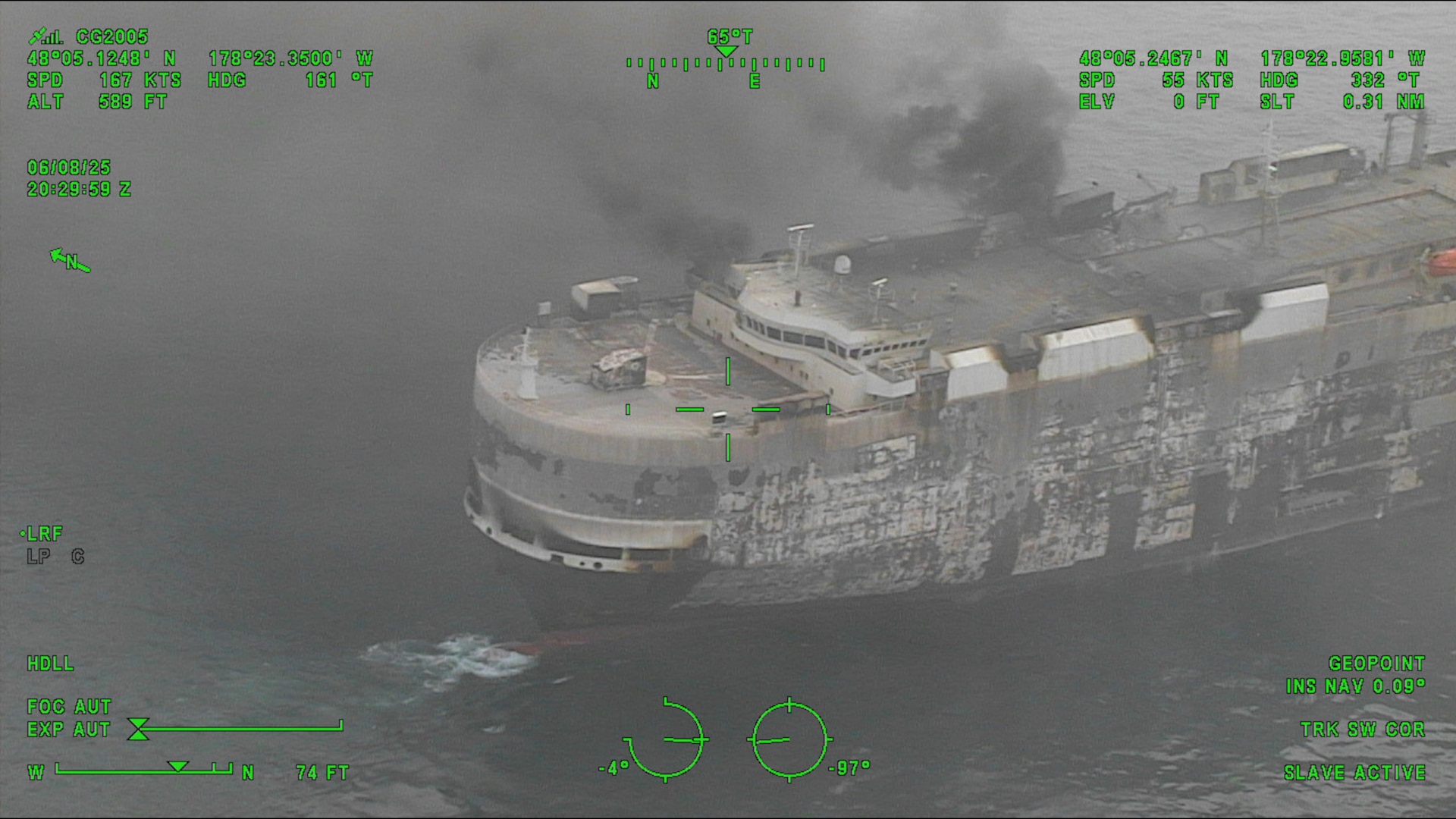 A Coast Guard C-130J Super Hercules aircrew from Coast Guard Air Station Kodiak conducts an overflight of a fire aboard the cargo vessel Morning Midas approximately 260 miles southwest of Adak, June 8, 2025. The Coast Guard is in close communication with Zodiac Maritime, the manager of the Morning Midas, as they develop their salvage and safety plans with Resolve Marine. (U.S. Coast Guard photo courtesy of Air Station Kodiak)