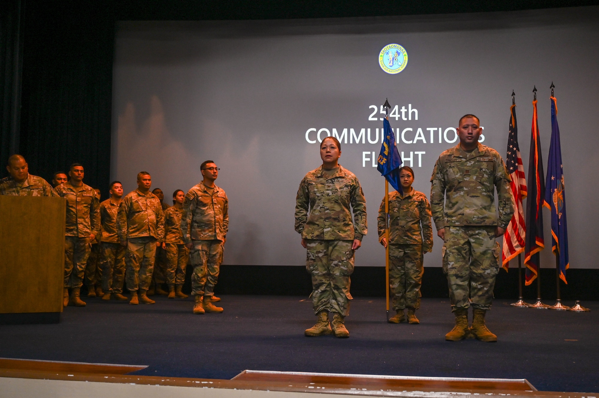 Guam Air National Guardsmen stand at attention during the 254th Communications Flight (CF) activation ceremony on Andersen Air Force Base, Guam, June 7, 2025.