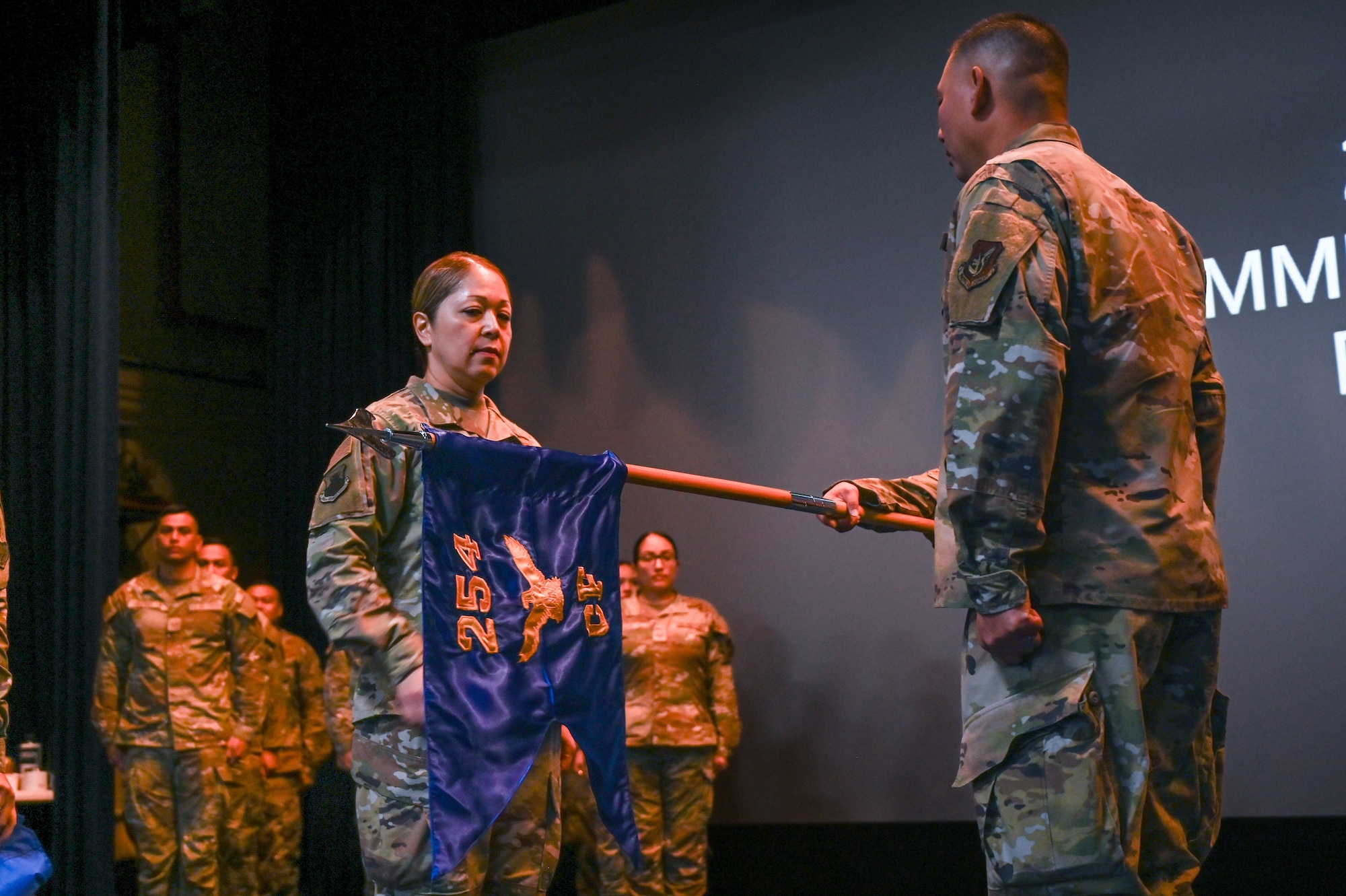 U.S. Air Force Col. Veronica Reyes, 254th Air Base Group commander, Guam Air National Guard, prepares to appoint Capt. Tommy Joe Rivera as the commander of the 254th Communications Flight (CF) during a ceremony on Andersen Air Force Base, Guam, June 7, 2025