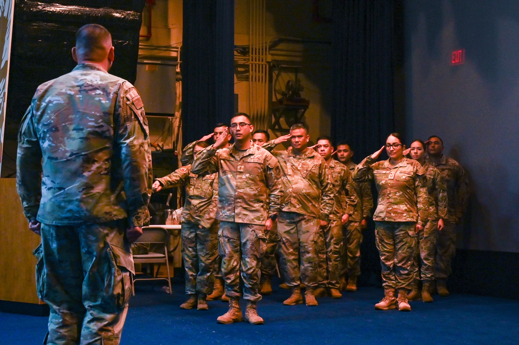 U.S. Air Force Airmen from the 254th Communications Flight (CF), Guam Air National Guard, give their first salute to Capt. Tommy Joe Rivera, the first commander of 254 CF, on Andersen Air Force Base, Guam, June 7, 2025.