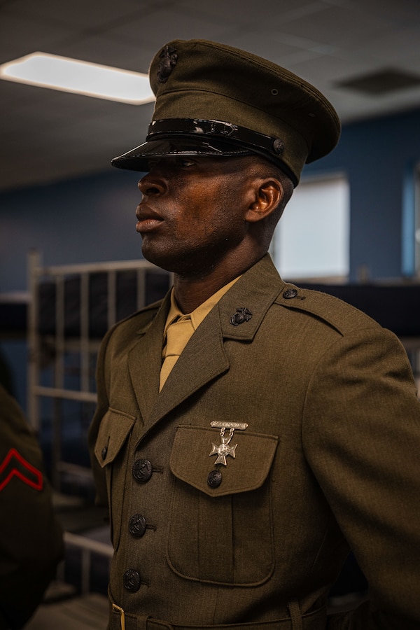U.S. Marine Corps Pvt. Isaac Zutah, a new Marine with Mike Company, 3rd Recruit Training Battalion, completes recruit training aboard Marine Corps Recruit Depot Parris Island, S.C., June 6, 2025. Pvt. Zutah, a native of Ghana, enlisted in the Marine Corps in March of 2025 in order to obtain a better life for both him and his family. (U.S. Marine Corps photo by Cpl. Kenneth Johnson)