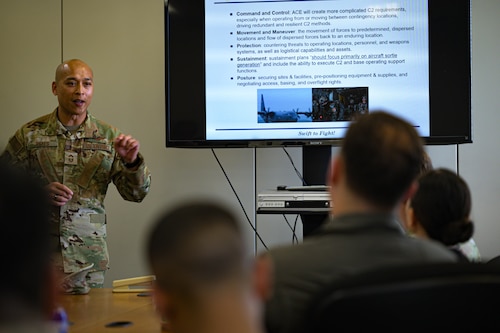 U.S. Air Force Chief Master Sgt. Kristofer Reyes, 374th Operations Group senior enlisted leader and former Togolese Language Enabled Airman Program scholar, delivers an Agile Combat Employment briefing to LEAP participants at Yokota Air Base, Japan, May 15, 2025. During their immersion, LEAP scholars visited the 374th Maintenance Squadron and 374th Logistics Readiness Squadron to observe daily operations and identify real-world scenarios where cultural and linguistic expertise can shape mission outcomes.