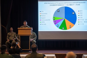 U.S. Air Force Capt. Shinryu Aoyama, 69th Bomb Squadron B-52H Stratofortress pilot and LEAP participant, speaks to attendees at an immersion event at Yokota Air Base, Japan, June 4, 2025. The scholars, fluent in multiple languages, with an emphasis on Japanese, participated in immersions designed to increase their understanding of the unique challenges Yokota faces when coordinating with allied and partner nations. (U.S. Air Force photo by Airman 1st Class David Calcote)