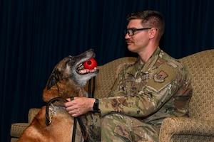 MWD Edy holds a toy in his mouth in front of his handler.