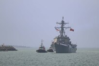 The Arleigh Burke-class guided-missile destroyer USS Oscar Austin (DDG 79) returns to Naval Station Rota, Spain, June 10, 2025.