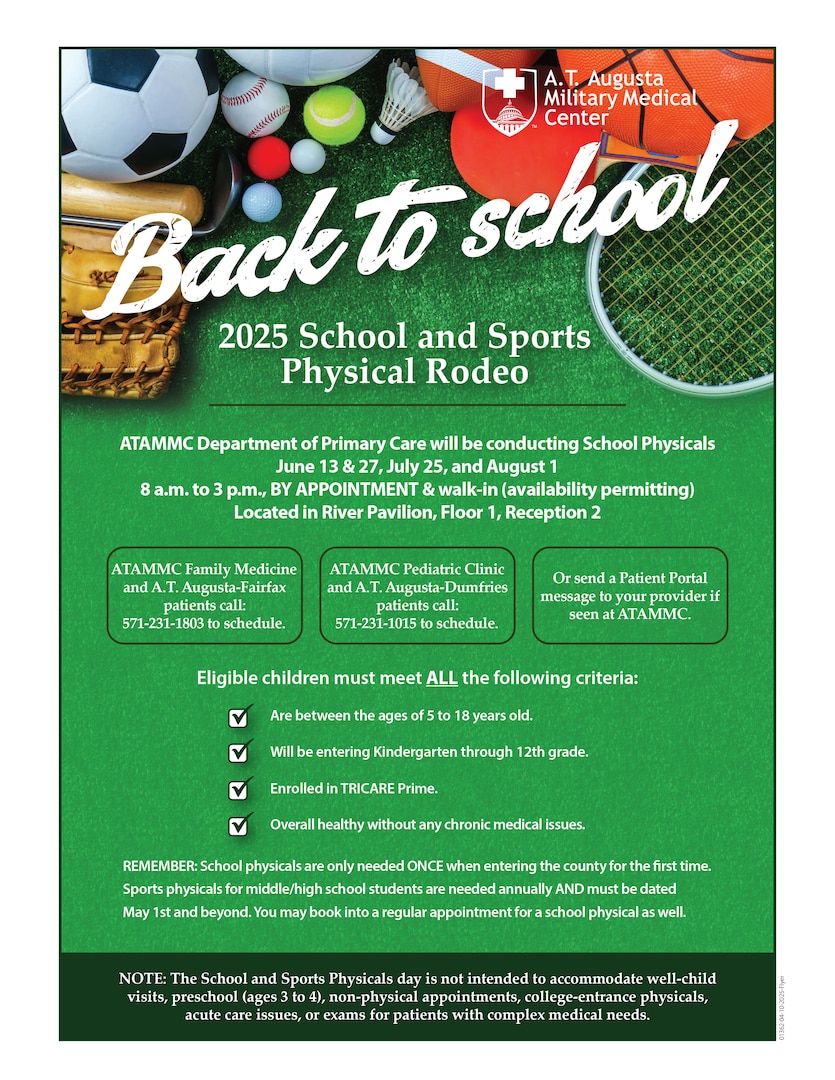 Back to School 2025 School and Sports Physical Rodeo. ATAMMC Department of Primary Care will be conducting School Physicals June 13 & 27, July 25, and August 1, 8 a.m. to 3 p.m., BY APPOINTMENT & walk-in (availability permitting) Located in River Pavilion, Floor 1, Reception 2.