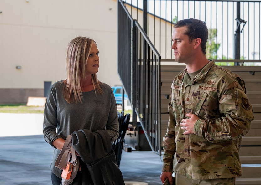 U.S. Maj. Andrew Tripplet, 5th Comptroller Squadron commander, speaks with a member of the city of Minot community during a Military Affairs Committee (MAC) luncheon at Minot Air Force Base, North Dakota, June 5, 2025. Hosted regularly by both the Minot Area Chamber Economic Development Corporation (EDC) and Minot AFB, the MAC lunch provides a platform for civic leaders and military personnel to connect, exchange ideas, and stay informed about the base’s mission and activities. (U.S. Air Force photo by Senior Airman Alex Nottingham)
