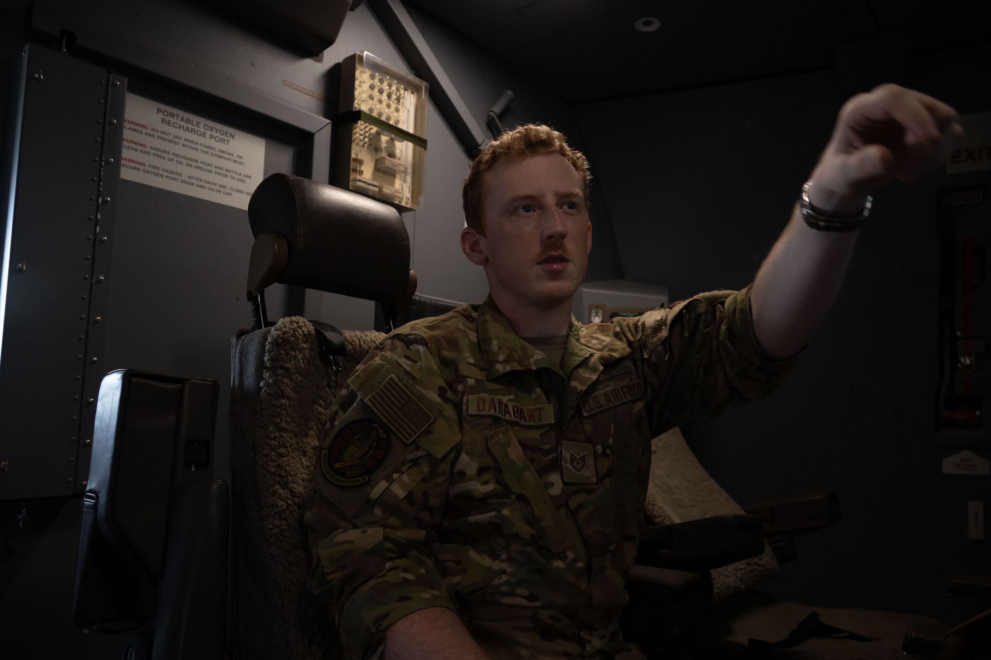 U.S. Air Force Tech. Sgt. Matthew Darabant,  32nd Expeditionary Air Refueling Squadron boom operator, performs preflight checks on a KC-46A Pegasus in the U.S. Central Command area of responsibility, June 5, 2025. The KC-46A provides aerial refueling, cargo transport and aeromedical evacuation capabilities, and has supported air refueling operations since 2019. (U.S. Air Force photo by Senior Airman Dieondiere Jefferies)
