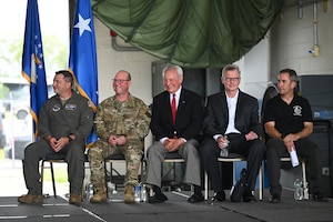 U.S. Air Force Colonel Jeffrey Cannet, 106th Rescue Wing commander, Major General Michael Bank, New York Air National Guard commander, retired Colonels David Hill, Michael Canders, and Shawn Fitzgerald, former commanders of the 106th, attend the 106th Rescue Wing’s 50th Anniversary of Rescue commemoration ceremony on Francis S. Gabreski Air National Guard Base, Westhampton Beach, N.Y., June 7, 2025.