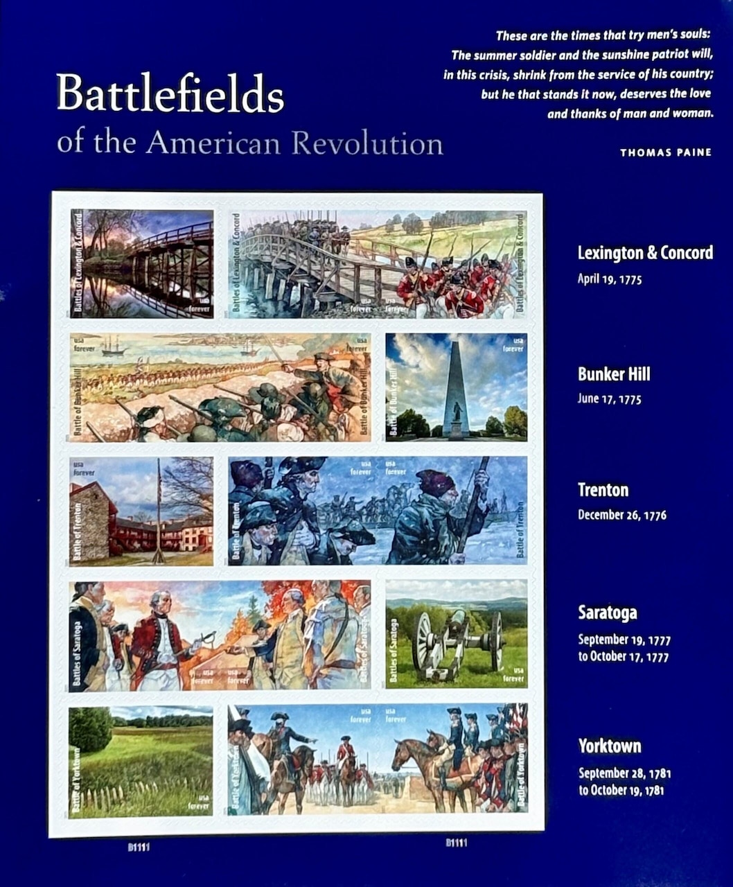 A sheet of 15 stamps on a piece of paper. Each stamp is a watercolor image of a historic battle from the American Revolution. The paper says, "Battlefields of the American Revolution" at the top.