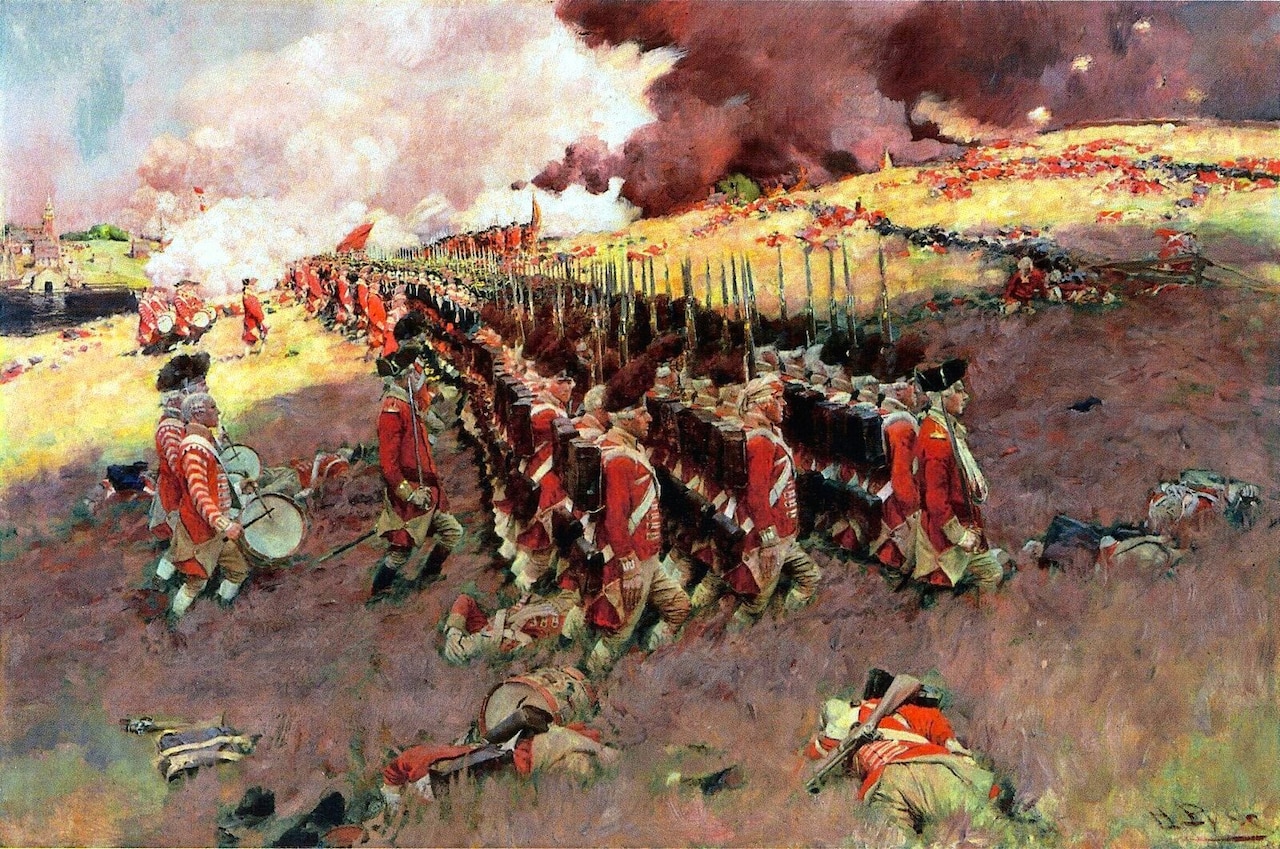 A painting depicts a battle in which British soldiers in military uniforms march up a hill while the bodies of fallen soldiers lie on the ground. Smoke fills the sky in the background.