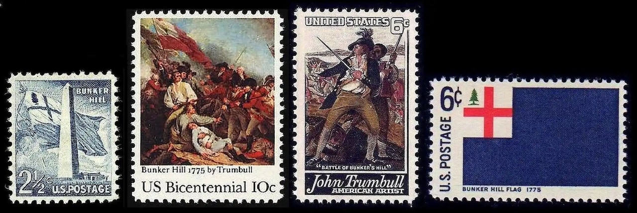 Four stamps commemorate the Battle of Bunker Hill. The first shows the Bunker Hill Monument in Boston. The second stamp shows Colonial and British soldiers in military uniforms fighting on a hill. The third stamp shows two Colonial soldiers with weapons in their hands. The final stamp features the Bunker Hill flag.
