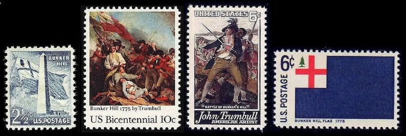 Four stamps commemorate the Battle of Bunker Hill. The first shows the Bunker Hill Monument in Boston. The second stamp shows Colonial and British soldiers in military uniforms fighting on a hill. The third stamp shows two Colonial soldiers with weapons in their hands. The final stamp features the Bunker Hill flag.