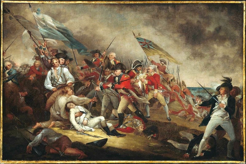 A painting depicts a battle on a hill with men in British military uniforms and other men in Colonial uniforms fighting with swords and muskets. Two soldiers are waving flags for each side in the background.
