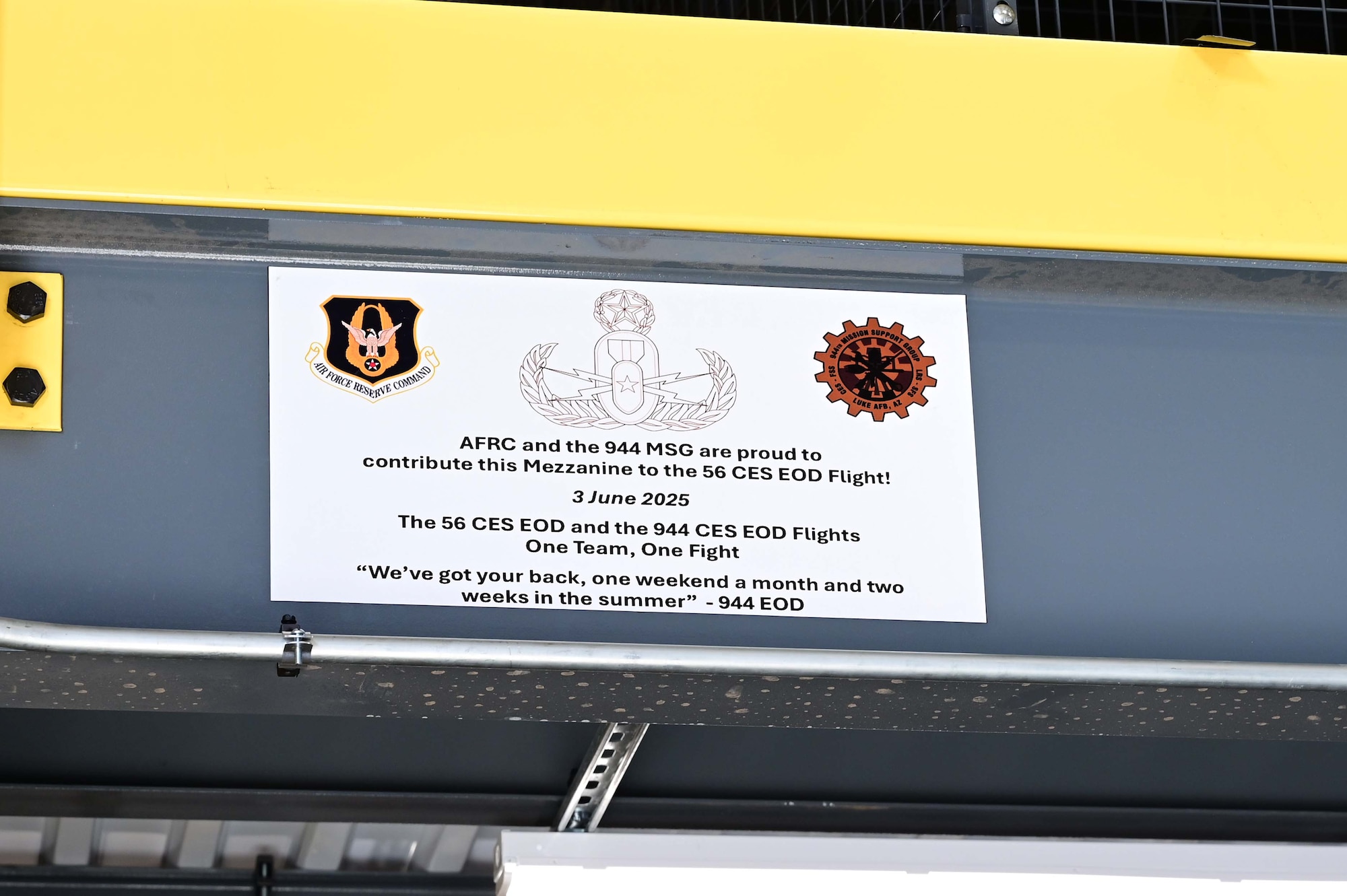 The new Explosive Ordnance Disposal Mezzanine was unveiled during EOD Ribbon Cutting Ceremony at Luke Air Force Base, Ariz., June 3, 2025. The previous facility was a safety hazard for Airmen and their equipment. (U.S. Air Force Photo by MSgt Courtney Richardson)