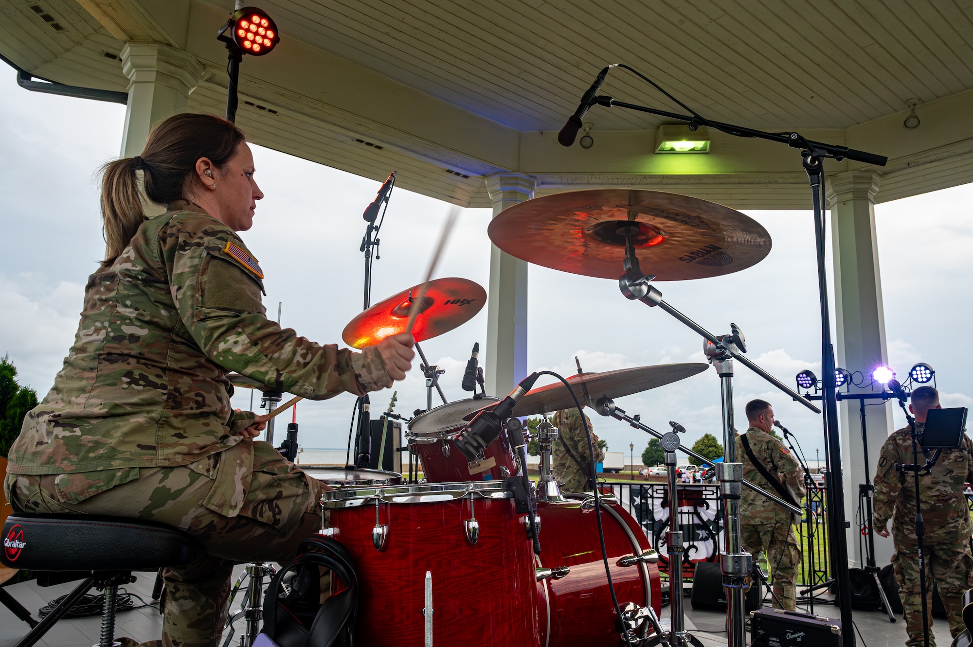 Army Sgt. 1st Class Jackie Stephens plays the drums.