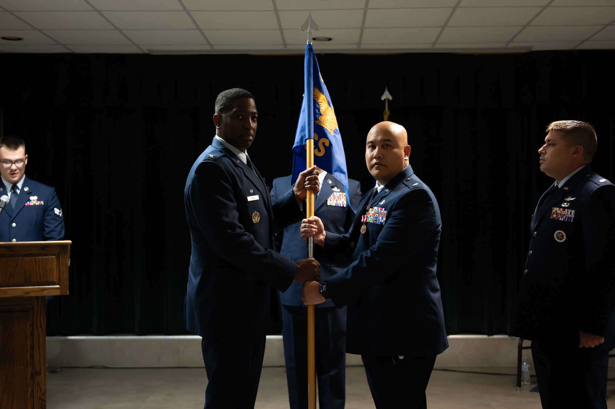 Airmen from the 47th Communications Squadron (CS) gathered at XL Landings to witness a transition of leadership as Lt. Col. Elmer Lustina relinquished command to Maj. Anthony Dimuzio during a change of command ceremony, June 9, 2025.