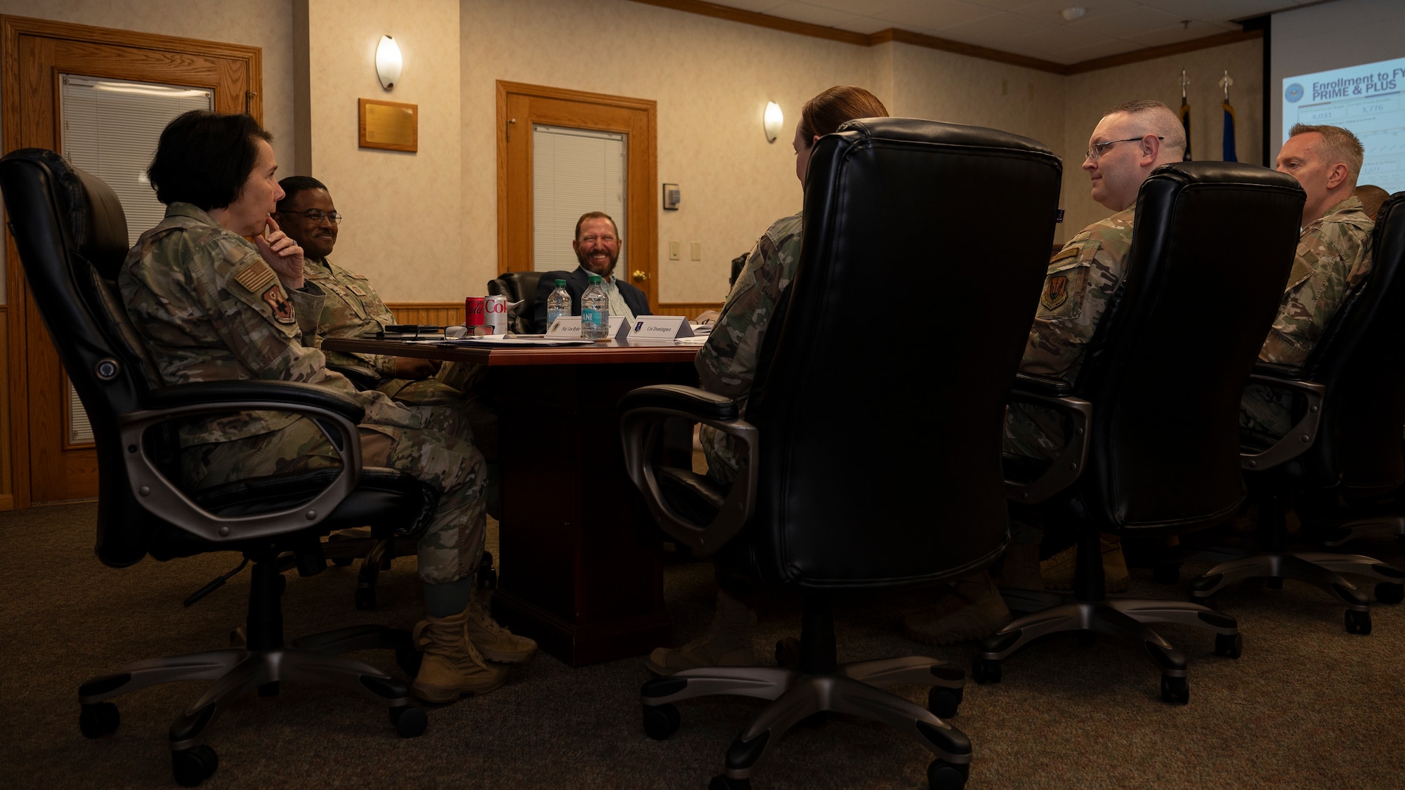 Maj. Gen. Jeannine Ryder, Air Force Medical Readiness Command-Bravo commander, sits with airmen assigned to the 319th Medical Group at Grand Forks Air Force Base, N.D., June 3, 2025.