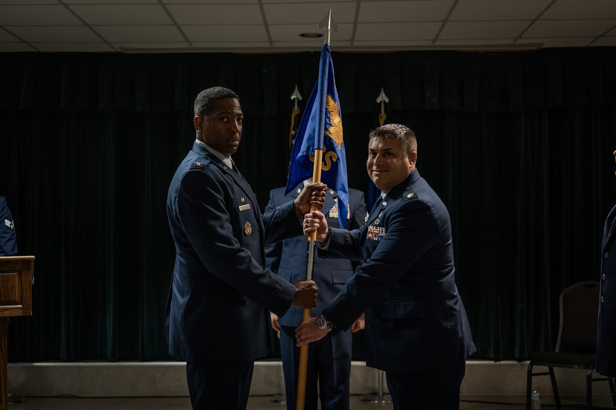 Airmen from the 47th Communications Squadron (CS) gathered at XL Landings to witness a transition of leadership as Lt. Col. Elmer Lustina relinquished command to Maj. Anthony Dimuzio during a change of command ceremony, June 9, 2025.