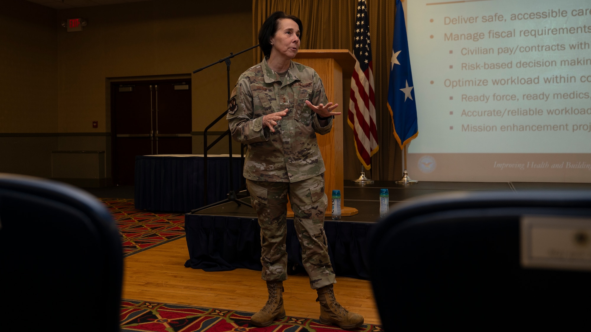 Maj. Gen. Jeannine Ryder, Air Force Medical Readiness Command-Bravo commander, briefs airmen at Grand Forks Air Force Base, N.D., June 3, 2025.