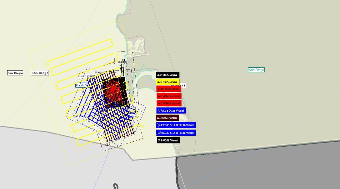 A graphic of search patterns run by several U.S. Coast Guard assets is shown for the search of a missing Cessna 414.