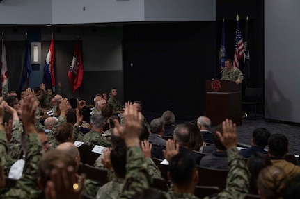 Rear Adm. Joe Cahill, commander, Naval Surface Force Atlantic, delivers remarks during Naval Surface and Mine Warfighting Development Center’s (SMWDC) 10 year anniversary ceremony onboard Naval Base San Diego.