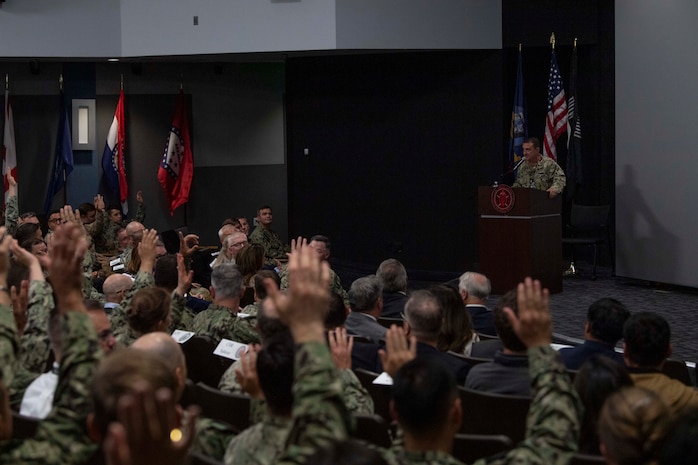 Rear Adm. Joe Cahill, commander, Naval Surface Force Atlantic, delivers remarks during Naval Surface and Mine Warfighting Development Center’s (SMWDC) 10 year anniversary ceremony onboard Naval Base San Diego.