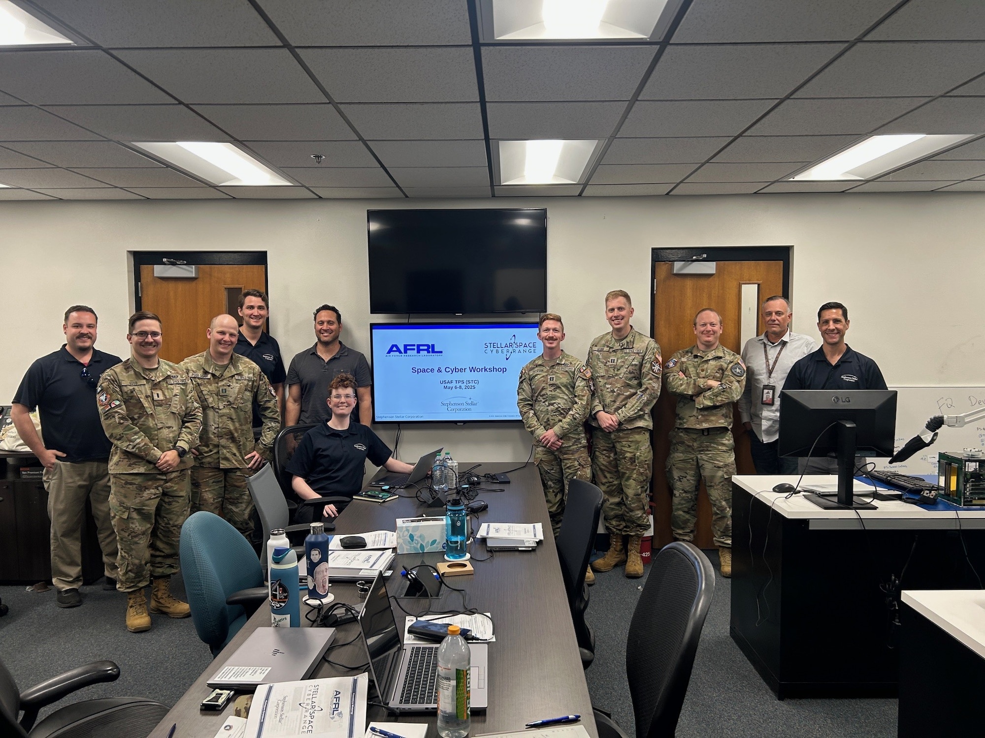 Air Force Test Pilot School Space Test Course students, staff, and Stephenson Stellar employees in the first Space Cyber Test Workshop. Students obtain hands-on experience in satellite testing from a cyber warfare perspective during the inaugural Space Cyber Test workshop on Edwards Air Force Base, California, May 6-8. (Photo courtesy of Stephenson Stellar)