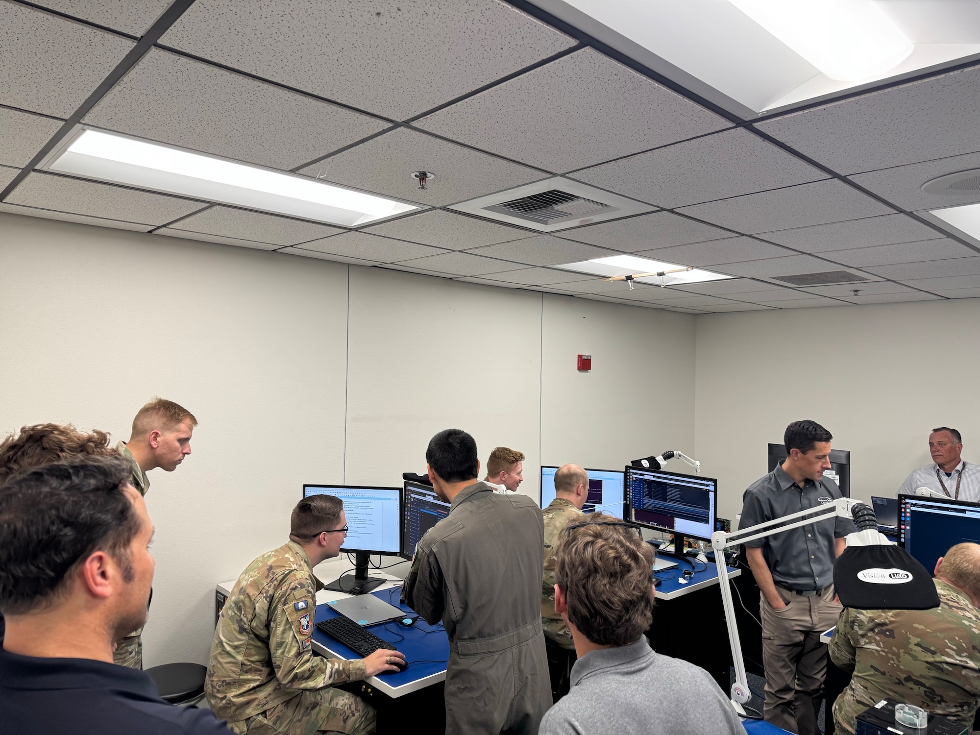 Students obtain hands-on experience in satellite testing from a cyber warfare perspective during the inaugural Space Cyber Test workshop on Edwards Air Force Base, California, May 6-8. (Photo courtesy of Stephenson Stellar)