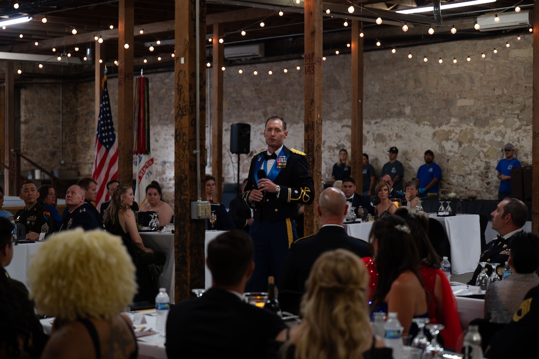 U.S. Army Lt. Col. Raymond Kuderka, 344th Military Intelligence Battalion commander, gives opening remarks during the 250th Army Birthday Ball at The Stables Block at Fort Concho, San Angelo, Texas, June 6, 2025. Kuderka spoke on the evolution of the 344th MIB and how it will help tomorrow’s Army. (U.S. Air Force photo by Airman 1st Class Brian Lummus)