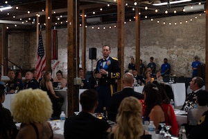U.S. Army Lt. Col. Raymond Kuderka, 344th Military Intelligence Battalion commander, gives opening remarks during the 250th Army Birthday Ball at The Stables Block at Fort Concho, San Angelo, Texas, June 6, 2025. Kuderka spoke on the evolution of the 344th MIB and how it will help tomorrow’s Army. (U.S. Air Force photo by Airman 1st Class Brian Lummus)