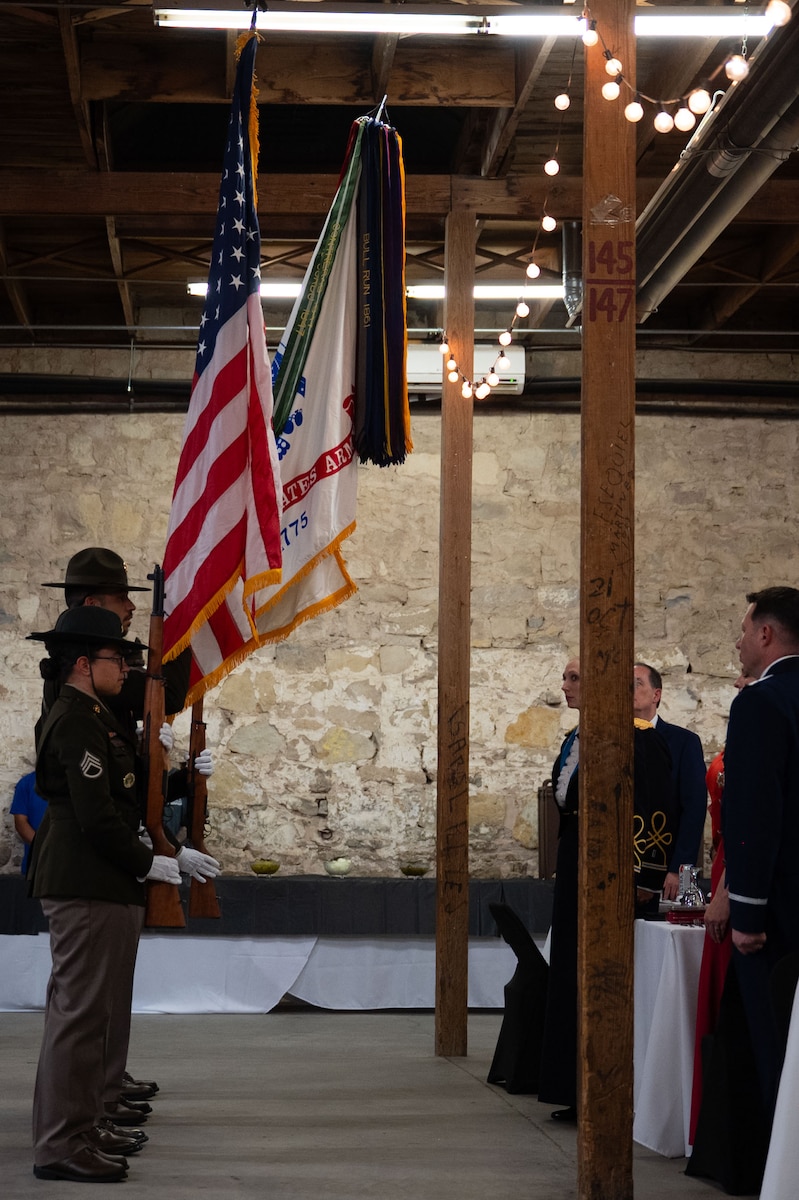 The 344th Military Intelligence Battalion Color Guard posts the Colors during the 250th Army Birthday Ball at The Stables Block at Fort Concho, San Angelo, Texas, June 6, 2025. Soldiers who make up an installation's Color Guard play a pivotal role in honoring tradition and paying respect to those serving, both present and past, in the Armed Forces. (U.S. Air Force photo by Airman 1st Class Brian Lummus)